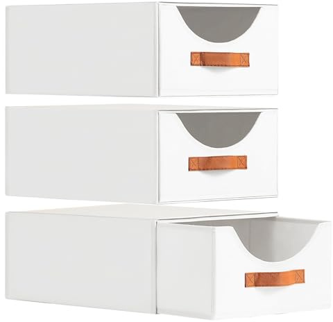 Homsorout Wardrobe Storage Organiser - Foldable Stackable Storage Drawers Box, Fabric Storage Baskets for Clothes Organization, Shelves, Bedroom, Living Room, White, 16 Inch. - 3 Pack