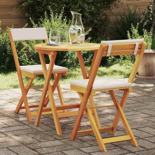 Qnhdfrt 3-TLG. Bistro-Set Klappbar aus Massivholz Akazie mit Wetterfesten Kissen Weiß Rund für Garten Terrasse und Balkon