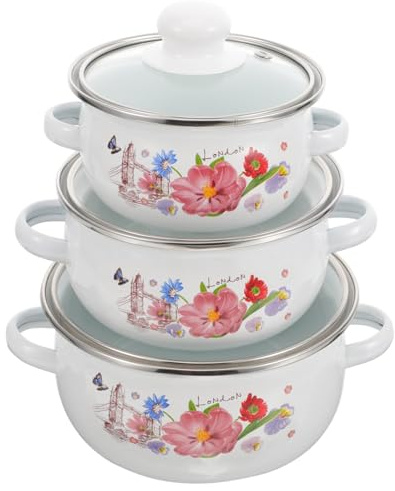 CIYODO 3Pcs Vintage Enamel Cooking Pot with Lid Double Handles Portable Stockpot for Stew Soup Casserole Flat Bottom Kitchen Pot with Retro Floral Pattern Even Heating and Easy to Clean