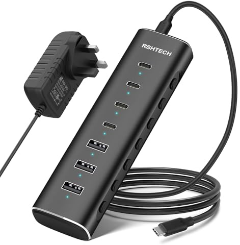 RSHTECH 36W Powered USB C Hub, 10Gbps USB-C 3.2 Aluminum 7-Ports Data Hub (4C+3A) with 12V/3A Power Adapter and 3.3Ft Detachable USB C Cable (RSH-H7C4)