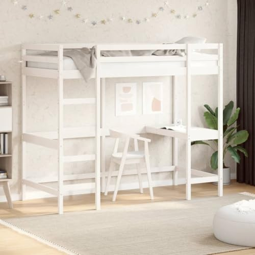 Frdhee Polsterbett Palettenbett, Hochbett mit Schreibtisch Weiß 100x200 cm Massivholz Kiefer, Robust, Leichte Montage, Umfangreicher Stauraum