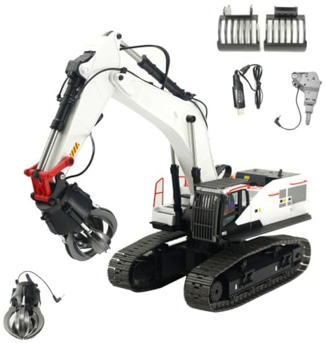 Remote Control Excavator Digger with Ball Grabber, Claw & Drill, 1:14 22CH 4-in-1 Crusher Multifunctional Metal Construction Vehicles 360° Degree Rotation Truck with Sounds and Lights Engineering