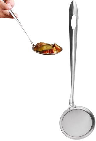 Cuchara espumadora de alta calidad, mango de acero plateado, construcción de alambre de acero inoxidable, diseño de malla resistente al calor, herramienta eficiente multiusos para colar alimentos