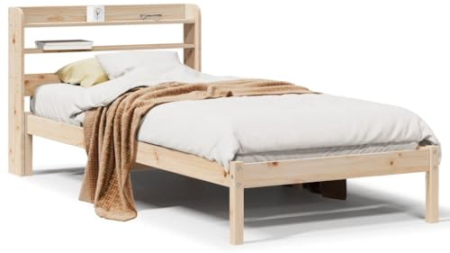 QUAHEAS Massiv träsäng 75 x 190 cm av obehandlad furu, sängram med sänggavel och hyllor, perfekt för sovrum, ungdomsrum, gästsäng, stabil plattformssäng