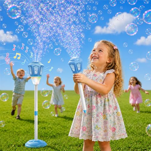 Sonnenspark Seifenblasen Laterne, höhenverstellbare Seifenblasenmaschine Kinder mit LED-Licht & Musik, 2-in-1 Stand- und Hand Seifenblasen Maschine, Geeignet für Outdoor, Hochzeit & Kinderparty