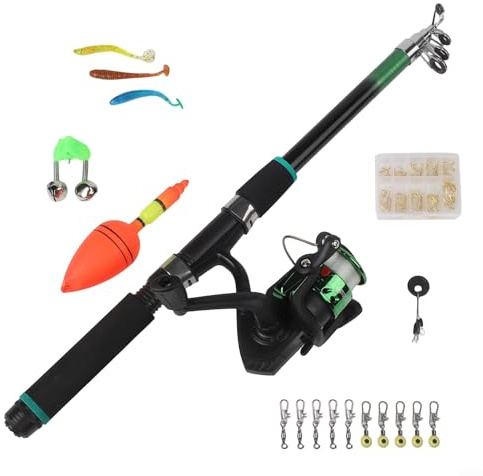 Telescopic Fishing Rod and Reel For Combo, Portable Travel Fishing Kit with Tackle Box, Angling Set for Adults and Kids, Lightweight Rod Outfit(Green Rod Set)