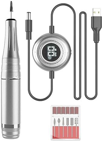Sunerzenor Lima de Uñas Eléctrica Máquina para Pulir Uñas Portátil Recargable Pantalla Y Controlador USB con 6 Brocas Y 6 Bandas de Lijado Apta para Manicura, Plata