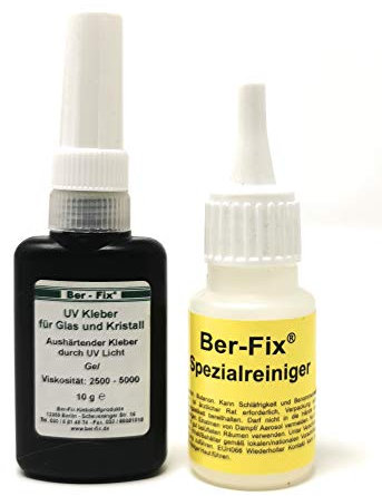 Ber-Fix UV-Kleber 10g - Glasklarer, niedrigviskoser Spezialklebstoff für dauerhafte Verklebungen von Glas mit Metall + Reiniger