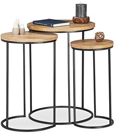 Relaxdays Beistelltisch 3er Set, runde Ablage, Satztische in 3 Größen, ineinander stellbar, Metall und Mangoholz, natur, H x D: ca. 56 x 41 cm