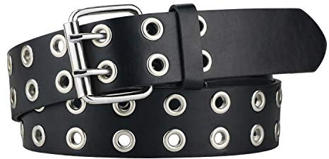 maikun Studded Belt for Women, Gromment Womens Black Double Prong Belt,Black,Length 120cm