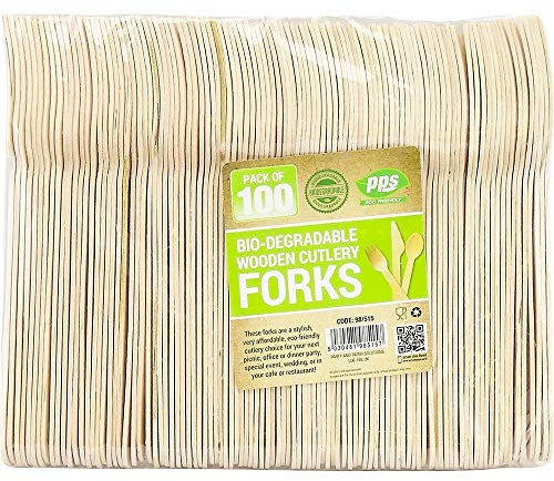 100 x Enviro Wooden Forks - Biodegradable Compostable Disposable Cutlery 100% Birchwood