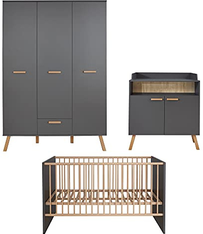 trendteam smart living - Mats - Babyzimmer Kombination - Grau Matt - Kleiderschrank, Wickelkommode, Babybett - mit lackierten Massivholzfüßen und Griffen