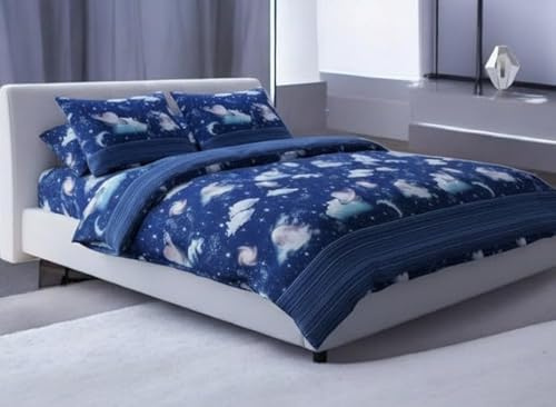 L'Emporio Casa Set Completo Lenzuola Luna Stelle Planetario BLU Matrimoniale - Lenzuolo Morbidissimo 100% Puro Cotone Italiano