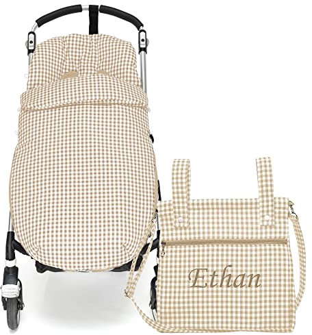 Conjunto de Saco Silla de paseo Universal + Bolso Panera Personalizada – Conjunto Saco Universal + Talega o bolsa para carrito bordada con nombre – Vichy – Handmade – Nenel (Arena)