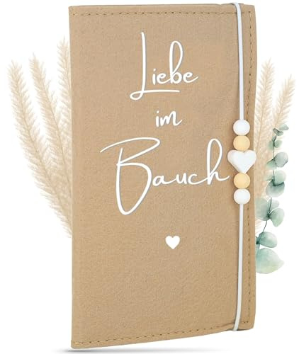 MAHEWA® Mutter-Kind-Pass-Hülle Österreich aus Filz-Stoff | Mutterpass-Organizer Mutterpass-Tasche Schutzhülle (Mutterkindpass Liebe im Bauch, Beige)