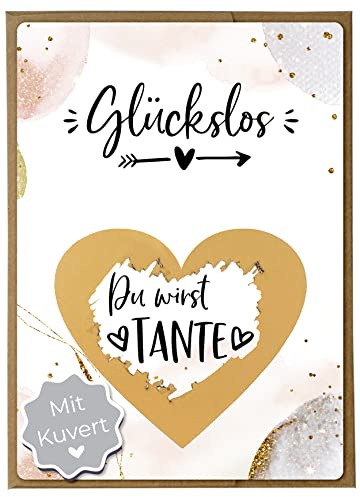 Joli Coon Rubbelkarte Du wirst Tante, mit Kuvert, Schwangerschaft verkünden | 350g Designerpapier, fühlbare UV-Lack-Veredelung, naturfarbenes Steckkuvert mit goldenem Herz, zur Schwangerschaftsverkündung