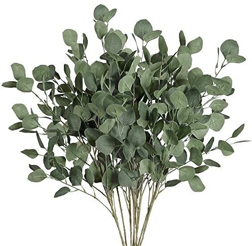 Sggvecsy 6 Pcs Eucalyptus Leaves Artificial Eucalyptus Stems Long Silver Dollar Leaves Faux Leaf Branches Fake Silk Eucalyptus for Spring Summer Home Festival Thanksgiving Christmas Decor (Green)