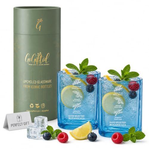 GoGiftid Upcycled Glasses Created Using Bombay Sapphire Blue Gin Bottle – 300ml Tumblers | Eco-Friendly Cocktail & Gin Glasses (Blue) (Pack of 2)