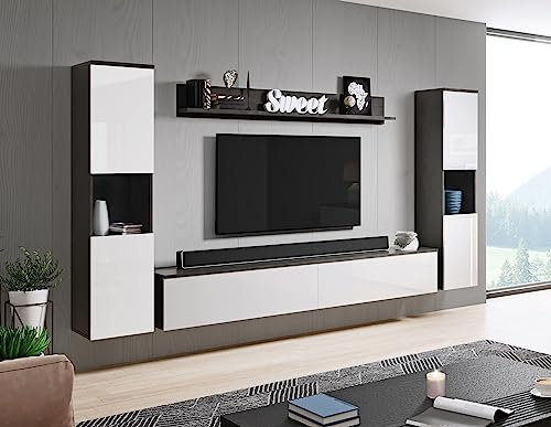 MINIO go for it - Wohnwand Parma XL, 4-Teilig Set, Hängend oder Stehend, 2X Highboard, Lowboard, Wandboard, Laminierte Spannplatte, Farbe: Graphit Matera/Weiß Hochglanz