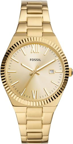 Fossil Orologio Scarlette da donna, 38 mm Movimento al quarzo con data a tre lancette e cinturino in acciaio inossidabile, 38 mm, Tono dorato