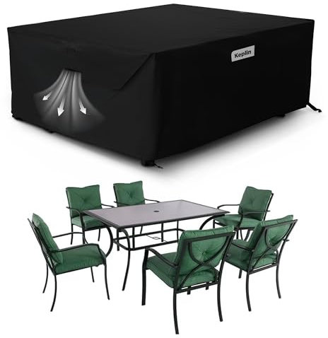 KEPLIN Waterproof Outdoor Furniture Cover - UV, Tear, Fade Resistant, 600D Oxford Fabric, PVC Coating, Air Vent, Attachment Straps & Storage Bag Included for Garden Table & Chairs (150x90x75cm)