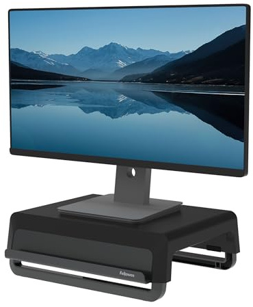 Fellowes Breyta™ Monitorständer für den Schreibtisch, 3 Höhenstufen, tragbar, ergonomisch verstellbar, aus 98 % recycelten Materialien, 100 % recycelbar, max. 15 kg, schwarz