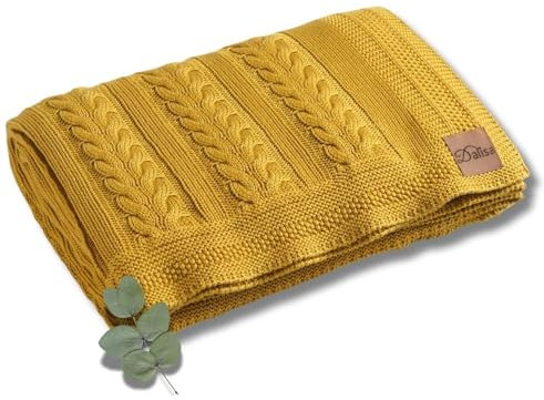 Dalisa 100% Austrian Eucalyptus Lyocell Tencel™ Premium Boho Vintage Knit Throw Blanket - Kuschelig, klobig & gemütlich gestrickt für Kuschel-Lounging Mathilda (Senf, 150 x 200 cm)