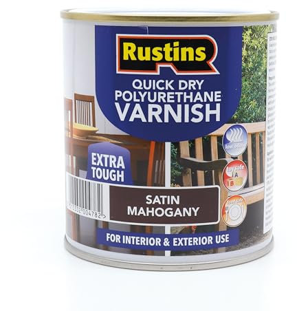 RustinsQuick Dry Poly Varnish Satin Mahogany 500ml -Tough, Water-Based Clear Finish in Gloss, Matt or Satin; Durable Protection for Interior Wood, Furniture and Floors