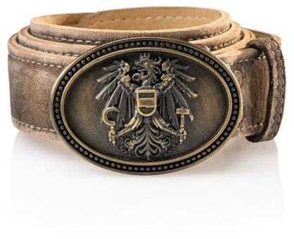 Schöneberger Trachten Couture Herren Trachtengürtel Austria, Lederhosen Gürtel mit Österreich Adler Schnalle, Ledergürtel aus Wildbock-Leder, Falco (Torf-Braun, 54-56)