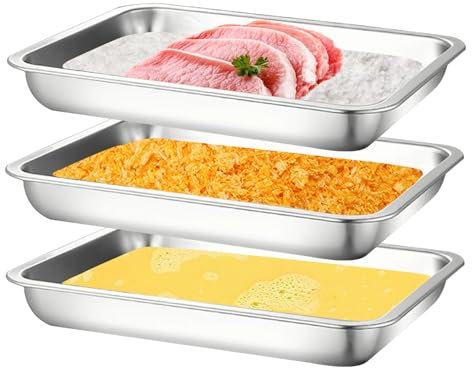 JMUSTTBO Juego de 3 bandejas de acero inoxidable para empanar, platos para pechugas de pollo, marinar carne y preparar comidas (10.4 x 7.7 x 1.9 pulgadas)