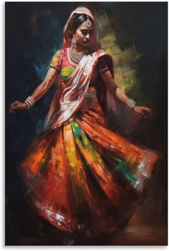 LVTFCO Schöne indische Frau Volkstanz Poster und Drucke Retro Wandkunst indische Frau Volkstanz Leinwand Gemälde für Home Decor Bild 50x70cm Kein Rahmen