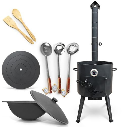 Utschak Uchag Feuerofen Ø 40 cm 2 mm Stahl Herdplatte Kazan 12 L flacher Boden mit Thermometer Schöpfkelle für Plov Schaumlöffel Holzlöffel Spachtel aus Holz Учак Учаг Uchag Asia (Set 511)