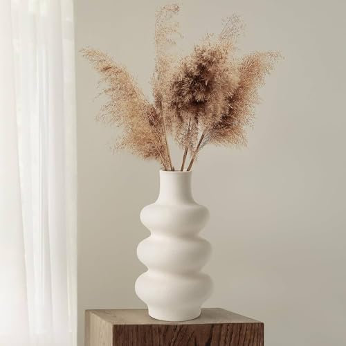 Tall Ceramic Wavy Vase | Modern Dried Flower Vase | Round White for Pampas Grass | Boho Home Decor Centerpiece | Wedding - Dinner Table - Party - Living Room - Office & Bedroom