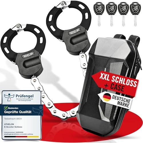 ATHELON® E Scooter Schloss [extra sicher] - Langes & schnittfestes Handschellenschloss für E-Scooter mit Kratzschutz inkl. Zubehör [Case & 4 Schlüssel] - für Roller, Fahrrad, Anhänger oder Kinderwagen