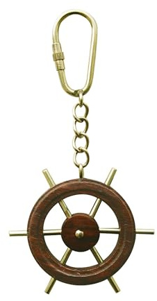 NKlaus Steuerrad Schlüsselanhänger aus Holz und Messing – 13x5,5cm Klassische Nautische Retro-Dekoration 16050