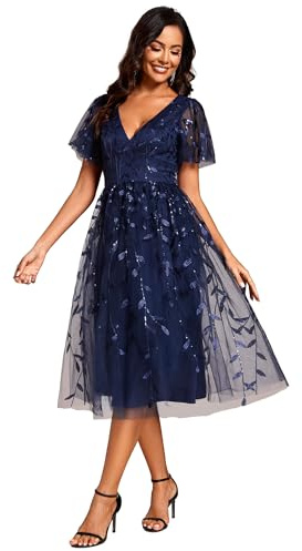 Ever-Pretty Abiti Eleganti Cerimonia Donna Senza Schienale Paillettes Scollo a V Vita Impero Abiti da Sposa Donna Blu Navy 48