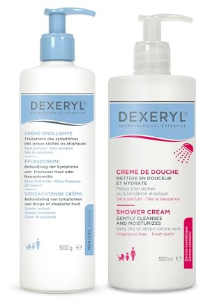 Dexeryl® Pflegecreme & Duschcreme für trockene Haut und Neurodermitis | Pflegeroutine für trockene Haut: Reinigt sanft, spendet Feuchtigkeit, lindert Juckreiz, stärkt Hautbarriere, parfümfrei