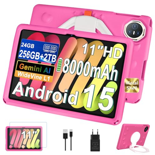 Dghrti Tablet 11 Pulgadas Android 15, 24GB+ 256GB, 8000 mAh, Gemini AI-Rosa | Widevine L1, Octa-Core, 13MP+5MP, TF 2TB, Cuerpo Metálico,EVA Silicona Funda Protectora