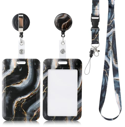 AiQInu Ausweishülle mit Band, Kartenhalter mit Schlüsselband, mit Einziehbaren Badge Reel Karabiner Clip & Abnehmbare Lanyard Strap, für Frauen, Lehrer, Krankenschwester, Doktor, Student (Schwarz)
