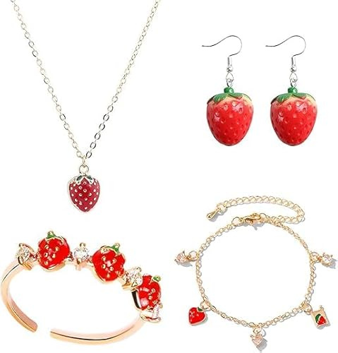 YUEXNKO Fresa Niña Joyas Set, Pendientes de Fresa, Collar de Fresa, Anillos de Fresa Roja, Fresa Pulsera, Fresa Pendientes, Pendientes de Mujer, Regalos de Joyería para Niñas y Mujeres
