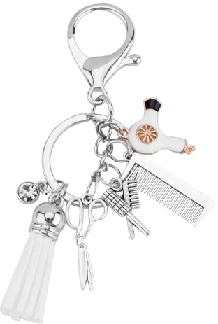Gosknor Geschenke für Friseure, Kamm Schere Haartrockner Anhänger Schlüsselanhänger für Friseure Kreativ Kosmetikerin Hairstylist Gift mit Kosmetikquaste für Frauen Friseur Geschenkidee Schmuck