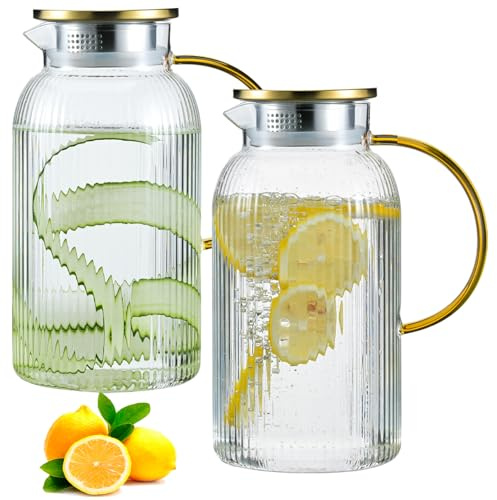 2 PACK Glass Pitcher with Lid and Handle,68 oz/ 2 Liter Vertical Stripes Water Pitcher,Glass Water Carafe for Fridge,Hand Blown Heat Resistant Borosilicate Water Jug for Hot/Cold Drinks