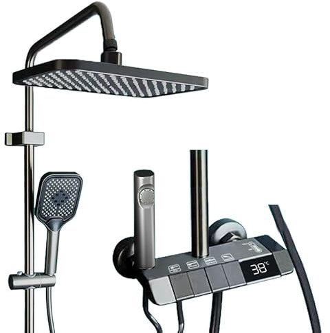 Columna de Ducha, Con Pantalla Digital LED, Sistema de Ducha Piano de Pared Conjunto de Ducha Ajustable Altura Set de Ducha, Ducha de mano, Cabeza cuadrada, 4 modos de funcionamiento (A)