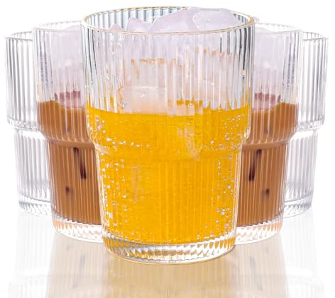WeirdUncle Set aus 6 niedlichen gerippten Gläsern, 414 ml Vintage klare Glas-Tumbler, Origami-Stil, geriffeltes Design, ideal für Wasser, Eiskaffee, Saft, Milchtee, Latte, Einweihungsgeschenk