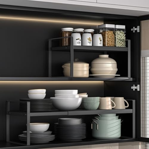 Expandable Cabinet Shelf, Kitchen Cupboard Shelf Organiser, Cabinet Storage Shelves Stand Spice Rack, Space Saver Plate Organiser, Kitchen Storage Rack Shelves for Countertop Pantry (Black, Heighten)