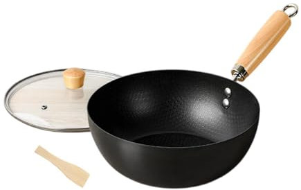 LOVIVER Pan de Hierro Wok Poste de inducción de sartén con Mango de Madera con Tapa de cocción para el hogar Gadgets Cocina Chino Wok Antiadherente, 28cm