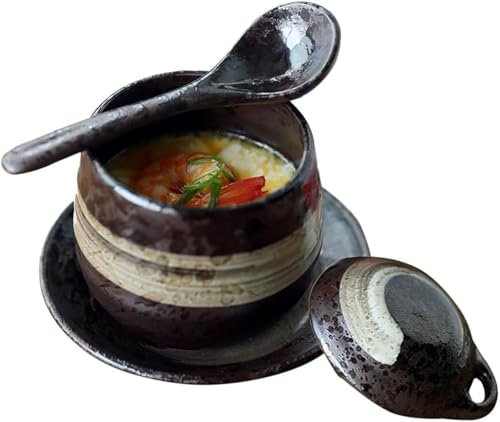 QXHSSM Coquetier en céramique de Style Japonais cuit à la Vapeur, Bol à ragoût en nid d'oiseau, Tasse à Dessert, Pot d'assaisonnement Vintage avec cuillère, Assiette en poterie grossière