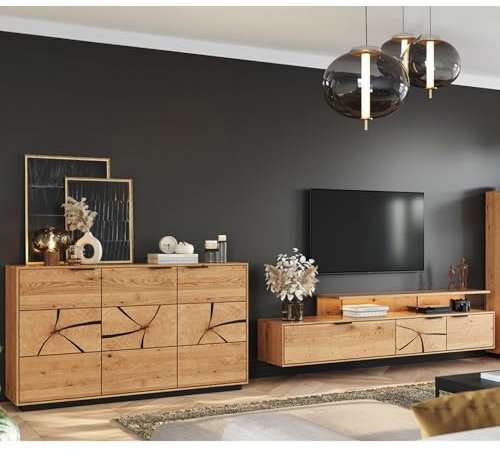 Lomadox Wohnwand Wohnmöbel Set 2-teilig Eiche massiv geölt mit Hirnholzfront, Echtholz/Massivholz, montierte Lieferung, 1 Sideboard, 1 Lowboard inkl. LED-Beleuchtung