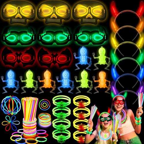 85PCS Fluorescente Regalos Cumpleaños Niños Colegio Barras Luminosas Cuernos Demonio Neon Mascara De Halloween Pulseras Calabaza Araña Luminosas Collar Calavera Fluorescente Relleno Piñata Halloween