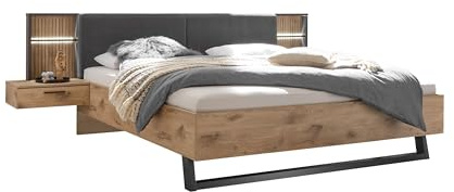Bettanlage >Daria< Viking Oak / Graphit, 180x200 cm Liegefläche, gepolstertes Kopfteil in Cordoptik Graphit, Beleuchtung, inkl. Nachtkommoden, zerlegt, modernes Design, 297,6x98,8x222,4cm (BxHxT).